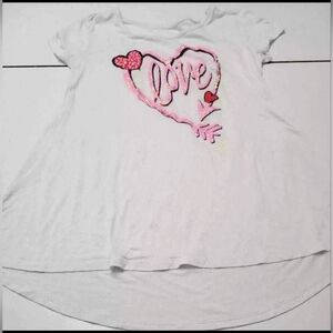 White Justice Hi-Low Crew Neck Top With Pink Hearts. 16/18.